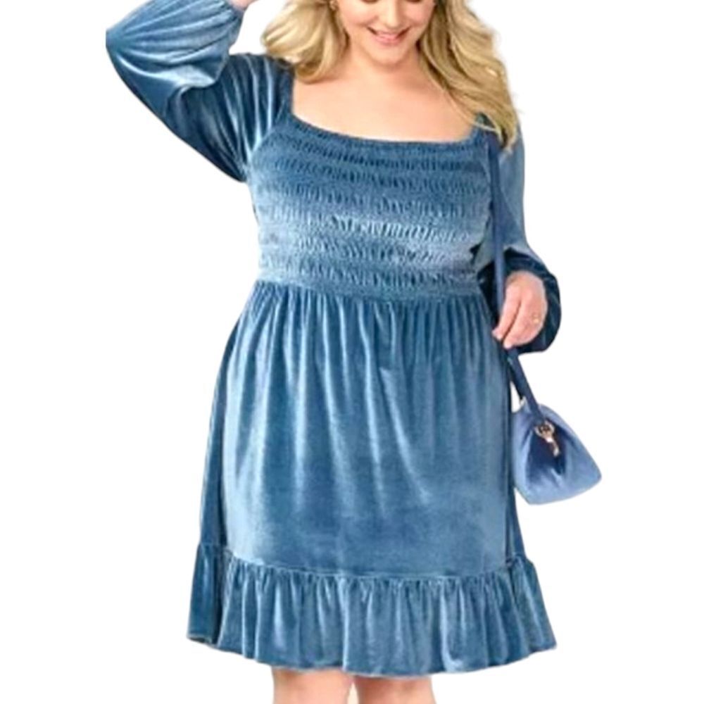 LC LAUREN CONRAD Smocked Flounce Hem LongSleeve Blue Velvet Midi dress Size M - Picture 15 of 17